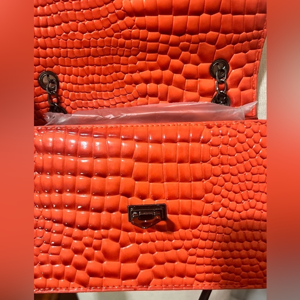 SHEIN Orange Black Croc Embossed Shoulder Bag Faux Leather Alligator Purse - Picture 3 of 4
